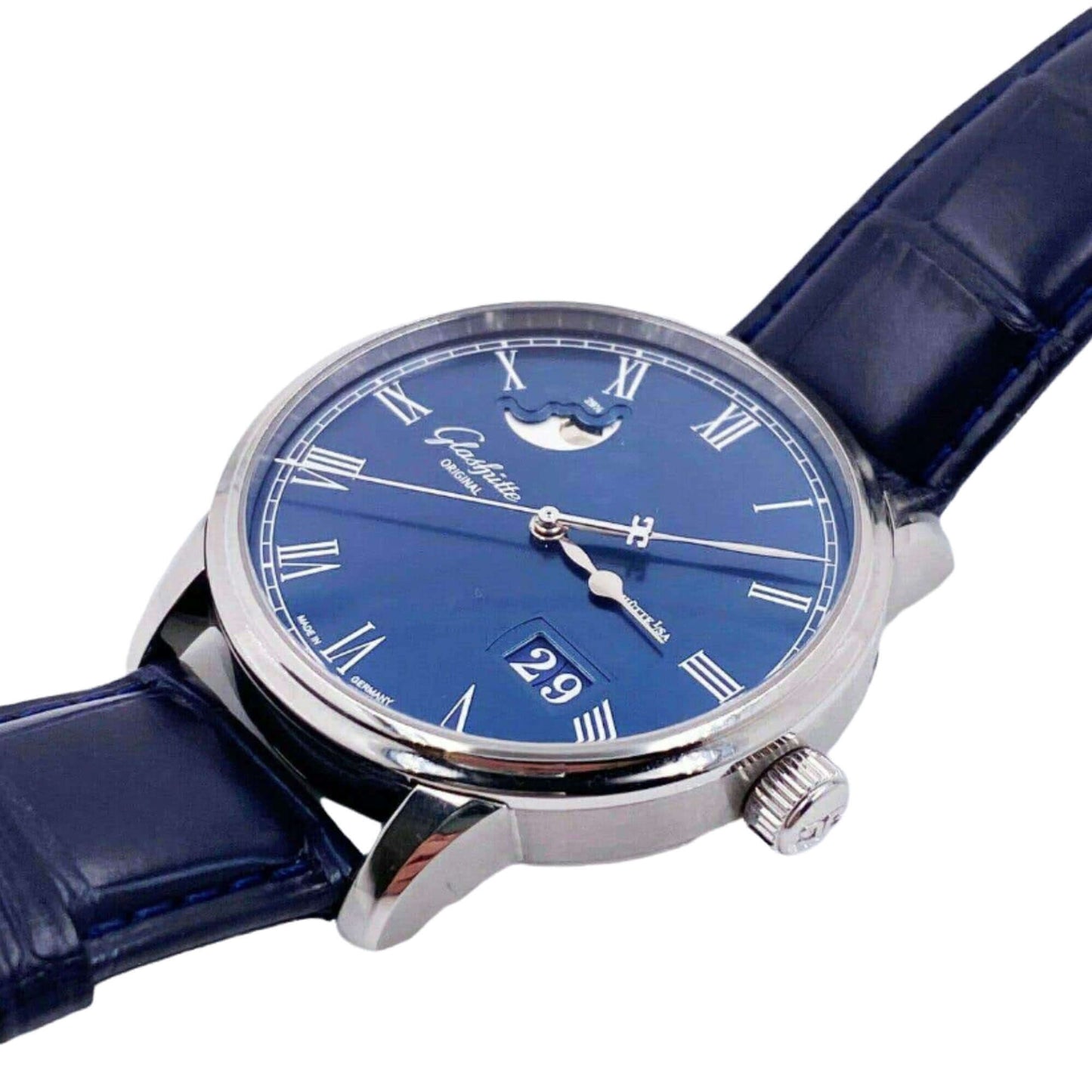 Glashutte Senator Panorama Date Moonphase Blue Dial Blue Alligator 40mm