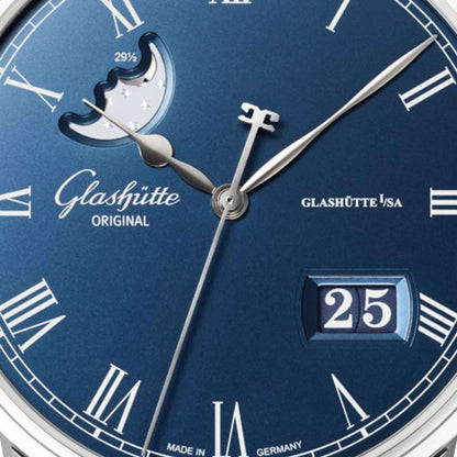 Glashutte Senator Panorama Date Moonphase Blue Dial Blue Alligator 40mm