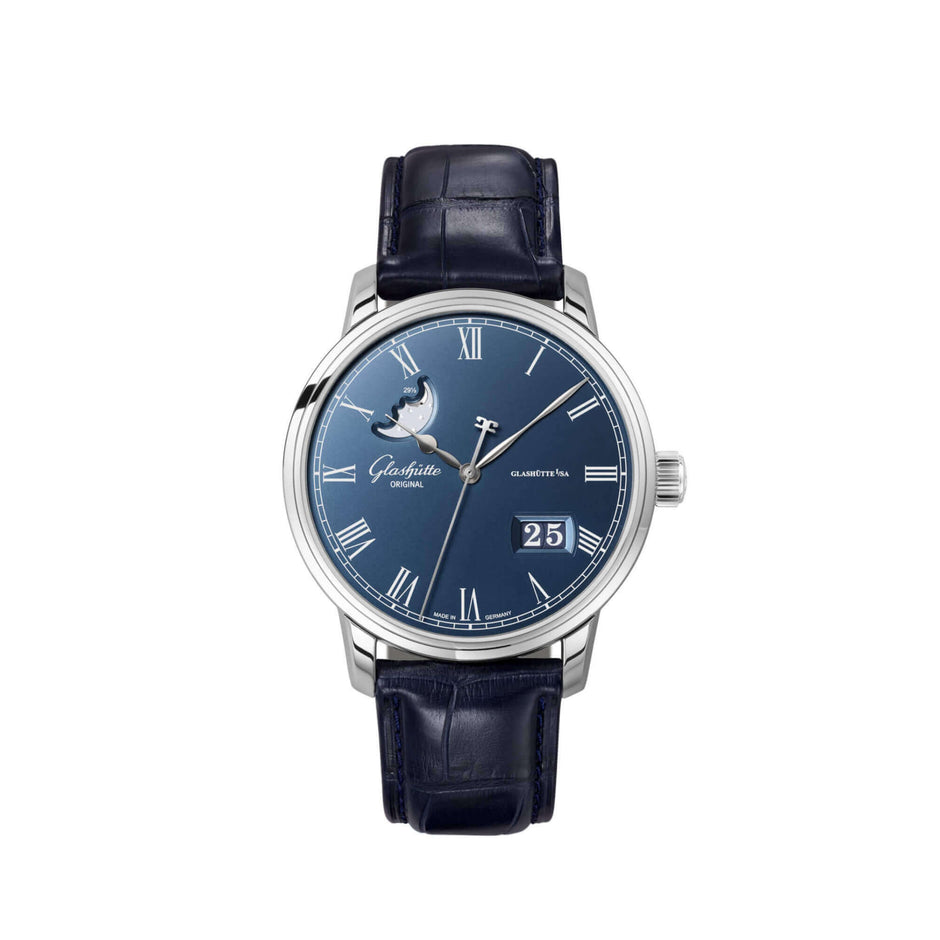 Glashutte Senator Panorama Date Moonphase Blue Dial Blue Alligator 40mm