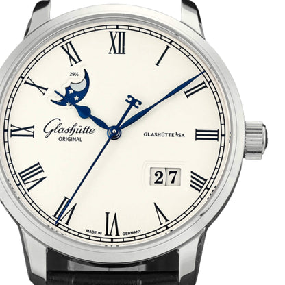 Glashutte Senator Panorama Date Moonphase Silver Dial Black Alligator 40mm
