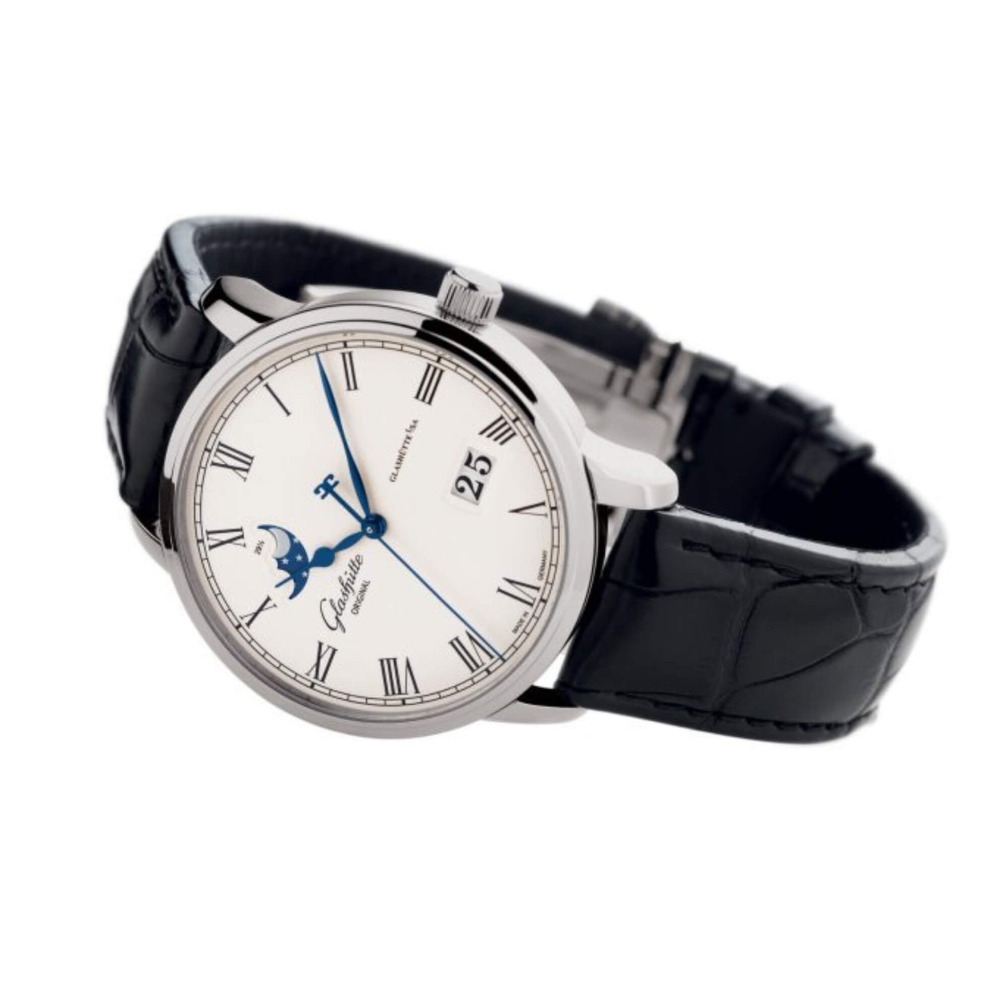 Glashutte Senator Panorama Date Moonphase Silver Dial Black Alligator 40mm