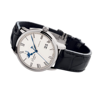 Glashutte Senator Panorama Date Moonphase Silver Dial Black Alligator 40mm