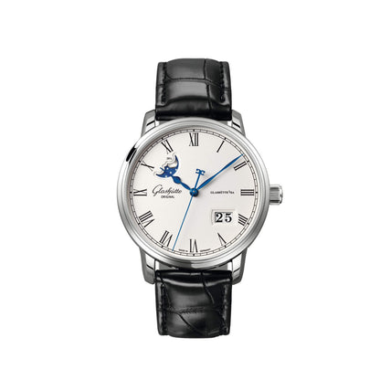 Glashutte Senator Panorama Date Moonphase Silver Dial Black Alligator 40mm