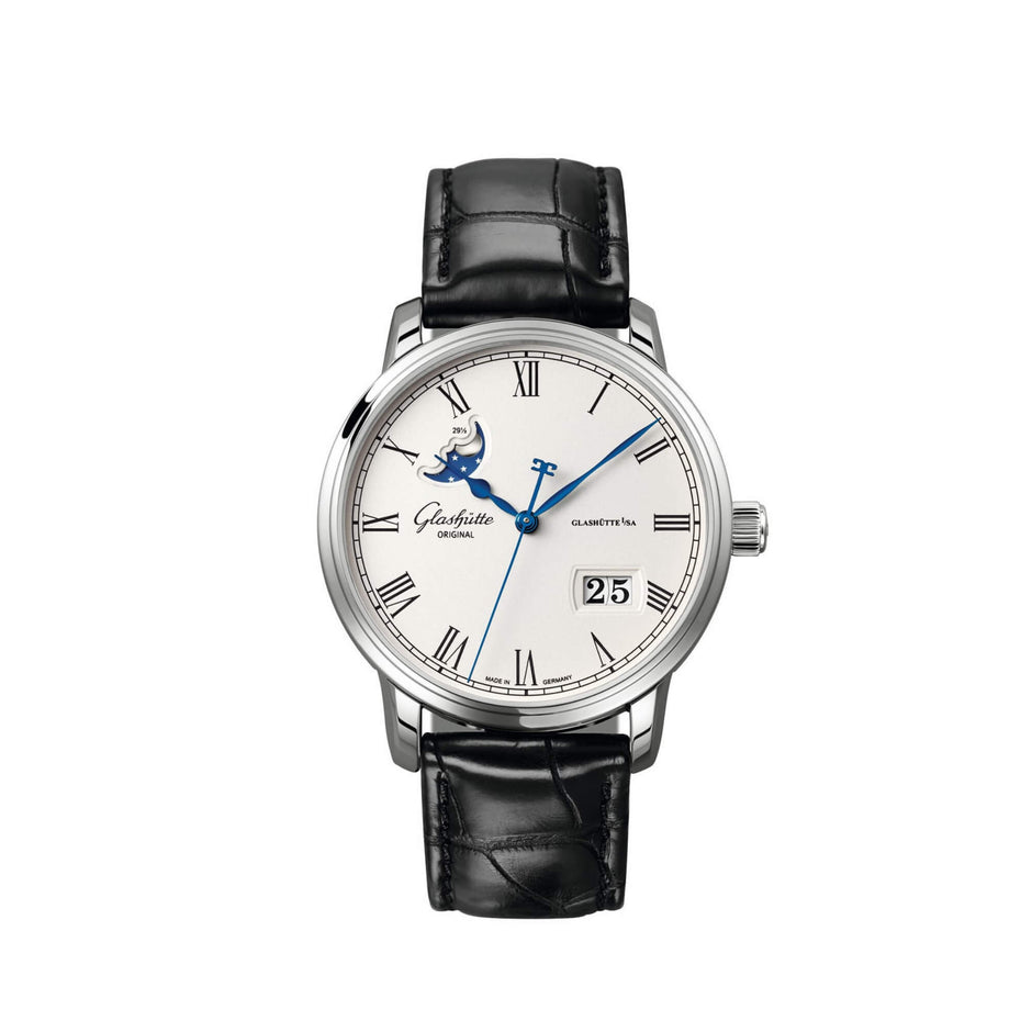Glashutte Senator Panorama Date Moonphase Silver Dial Black Alligator 40mm