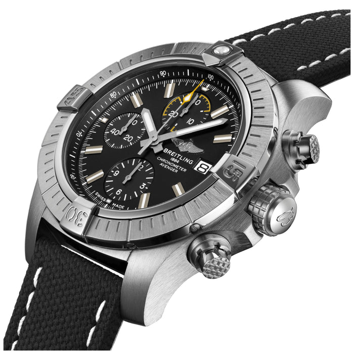 Breitling Avenger Chronograph Black Dial Black Leather 45mm