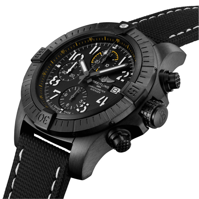 Breitling Avenger Chronograph Night Mission Black Dial Black Leather 45mm