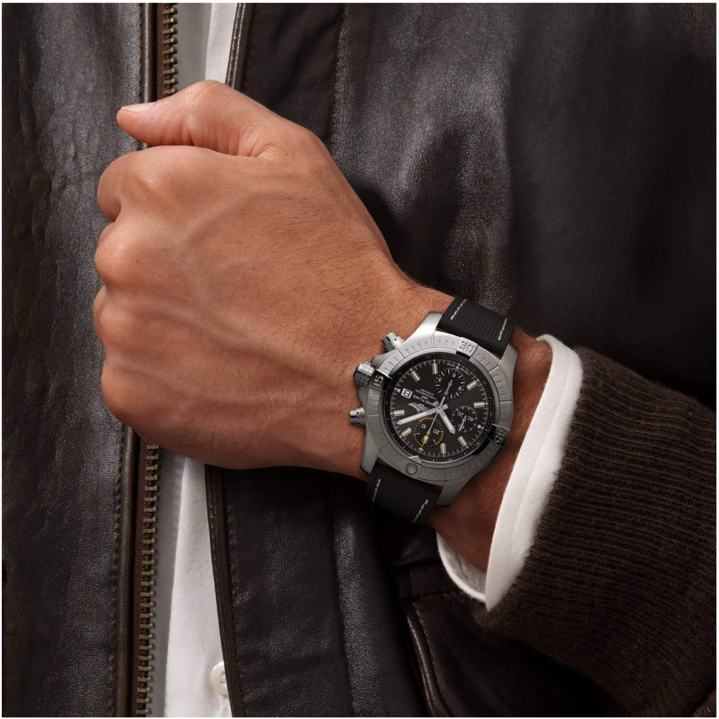 Breitling Avenger Chronograph Black Dial Black Leather 45mm